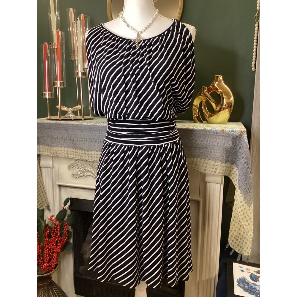 Express Black and White Striped Blouson Waist Sleeveless Dress Small 90130 - Picture 1 of 5